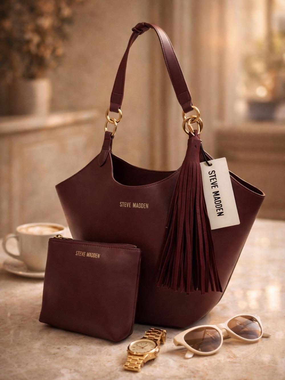 Steve Madden Burgundy Tote Bag w/ Pouch Structured Shoulder Handbag Tassel Large
